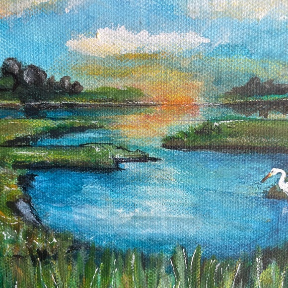 6 x 6 original marsh painting with egret. Acrylic paints. - Picture 7 of 7